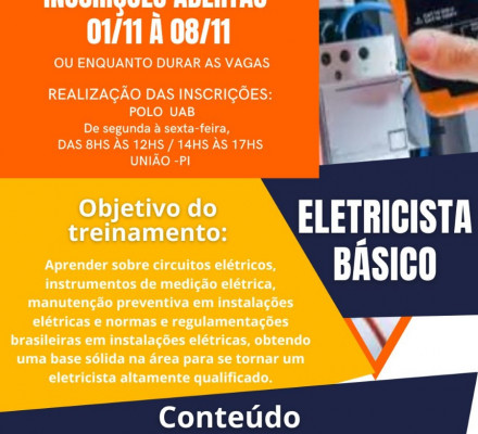 Prossegue as inscrições do Curso de Eletricista na UAB de União